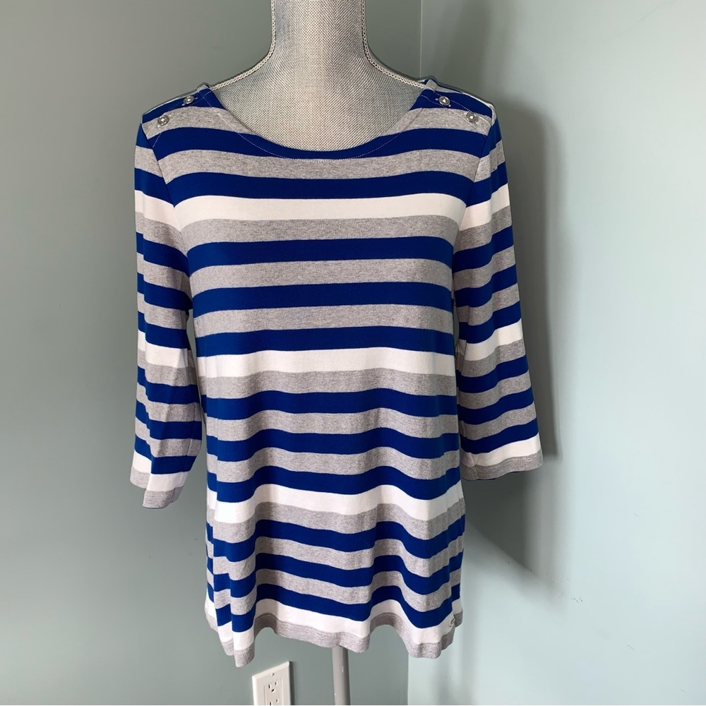 TOMMY HILFIGER STRIPED SHIRT 3/4 sleeve grey blue white women’s size XL casual